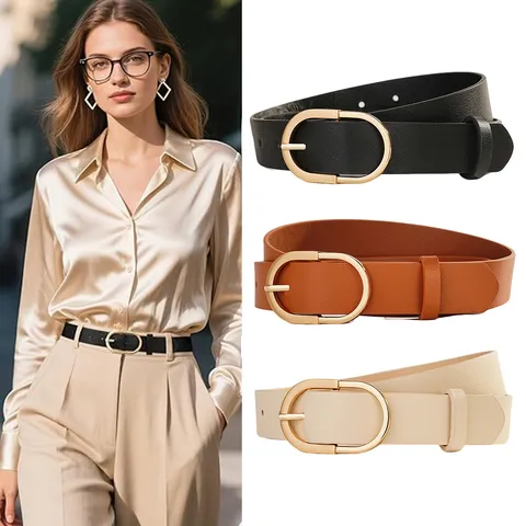 Minimalist Συνθετικό Δέρμα Ζώνη Για Γυναίκες Κομψή Casual Χρυσό Οβάλ Αγκράφα Καρφίτσας Τζιν Ζώνη Μόδας Φόρεμα Ζώνη Μέσης