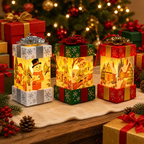 Lichtgevende Kerstcadeaudoos LED Nachtlampje Kerstman Sneeuwpop Hert Elf Patroon Windlantaarn PVC Ornament Voor Tafeldecoratie