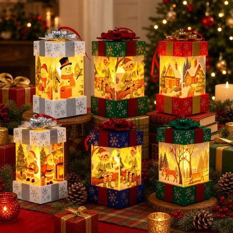 Lichtgevende Kerstcadeaudoos LED Nachtlampje Kerstman Sneeuwpop Hert Elf Patroon Windlantaarn PVC Ornament Voor Tafeldecoratie