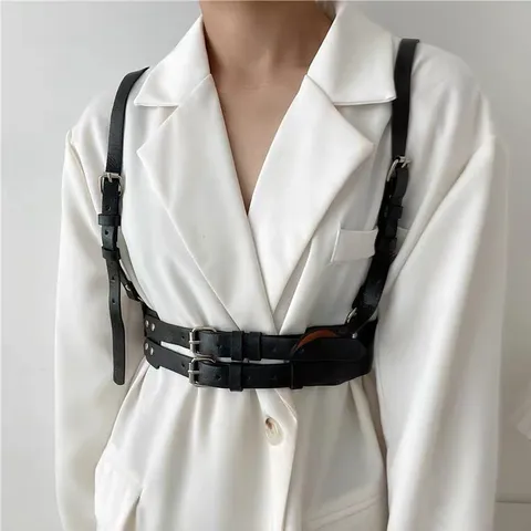 Stile Punk Doppia Cinghia Imbracatura In Pelle PU Per Donne Anelli Metallici