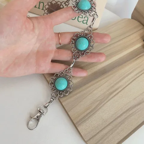 Bohemian Vintage Style Imitation Turquoise Carved Metal Waist Chain For Women Dress Decorative Body Chain Ethnic Jewelry