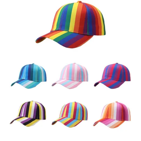 Mode Kleurrijke Gestreepte Honkbalpet Dames Heren Regenboog Gebogen Rand Zonneklep Verstelbaar Polyester Bedrukt Sportpet