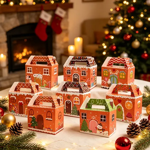 12PCS Christmas Gift Box Gingerbread House Shape Portable Candy Cookie Packaging Box Festive Party Supplies Holiday Favor Box