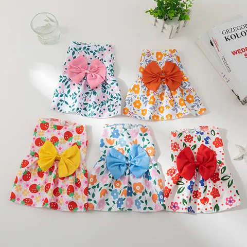 Polyester Bloemenprint Huisdier Prinses Jurk Met Grote Strik Ademend Mouwloos Puppy Kat Rok Kleding Voor Kleine Honden Katten Dagelijks Fotoshoot