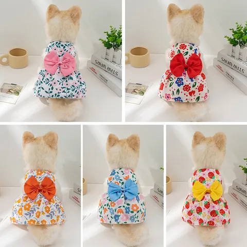 Polyester Bloemenprint Huisdier Prinses Jurk Met Grote Strik Ademend Mouwloos Puppy Kat Rok Kleding Voor Kleine Honden Katten Dagelijks Fotoshoot