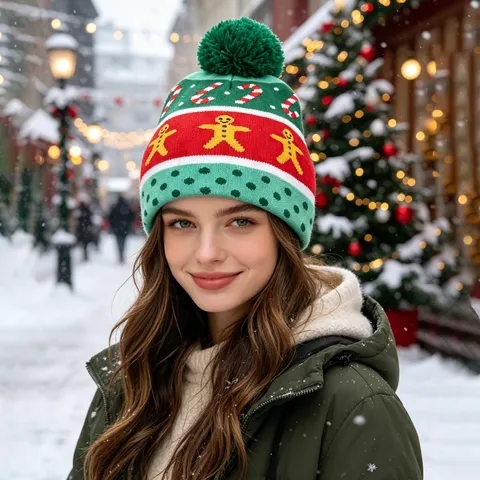 Berretto in Maglia di Natale in Acrilico Invernale Caldo Freddo per Adulti Festivo Pompon Fiocco di Neve Alce Cappello Jacquard