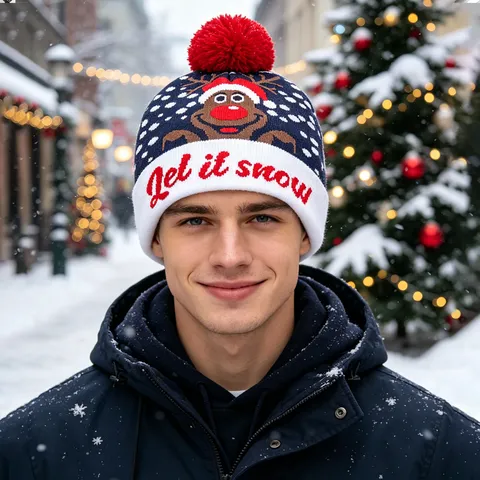 Berretto in Maglia di Natale in Acrilico Invernale Caldo Freddo per Adulti Festivo Pompon Fiocco di Neve Alce Cappello Jacquard