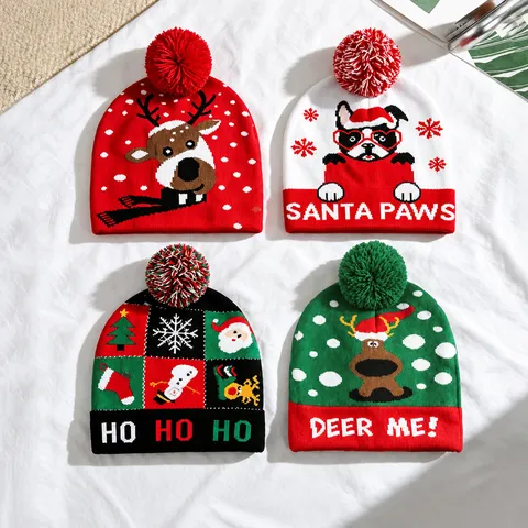 Kerst Gebreide Muts Acryl Winter Warm Koude Muts Voor Volwassenen Feestelijke Pompon Sneeuwvlok Rendier Jacquard Pet