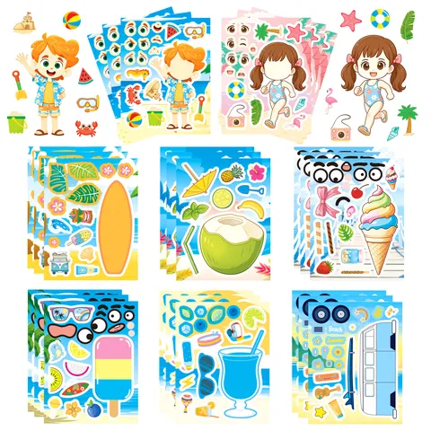 Kids DIY Make Face Puzzle Stickers Summer Theme Cartoon Ice Cream Waterproof PVC Sticker Decals For Scrapbooking