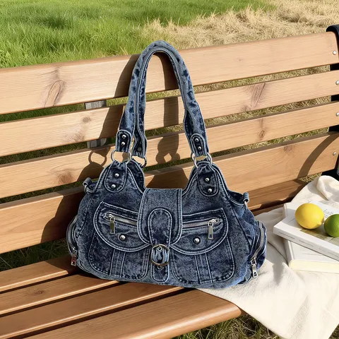 Mujer Moda Multi Bolsillo Denim Tote Bag Vintage Tela Lavada Bolso Bandolera Hombro