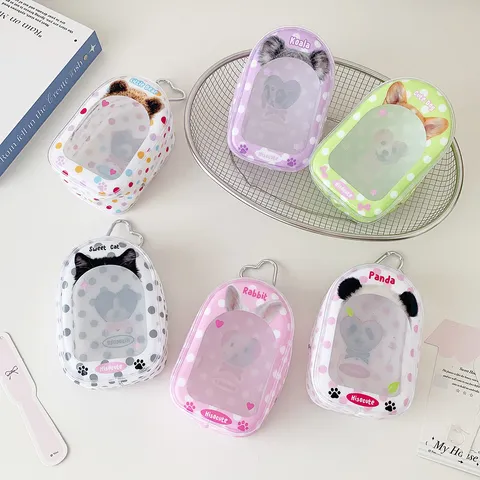 Hisocute Sac de Rangement pour Poupée en Coton PVC Transparent Motif Animaux Pochette d'Affichage Anti-poussière avec Crochet Coeur pour Jouets en Peluche Idol