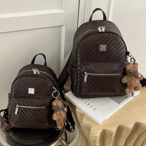 Women Fashion Woven Pattern PU Leather Backpack Retro Large Capacity Commuter School College Student Bag With Cute Bear Pendant