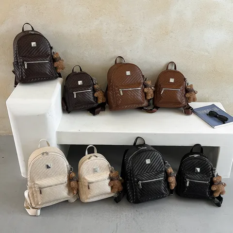 Women Fashion Woven Pattern PU Leather Backpack Retro Large Capacity Commuter School College Student Bag With Cute Bear Pendant