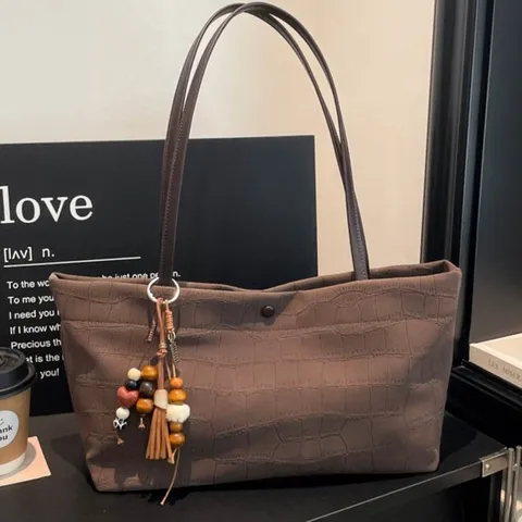 Mode Krokodillennerf Tote Tas Voor Vrouwen Grote Capaciteit Minimalistische Schoudertas PU-leer Woon-werkverkeer Handtas Met Hanger