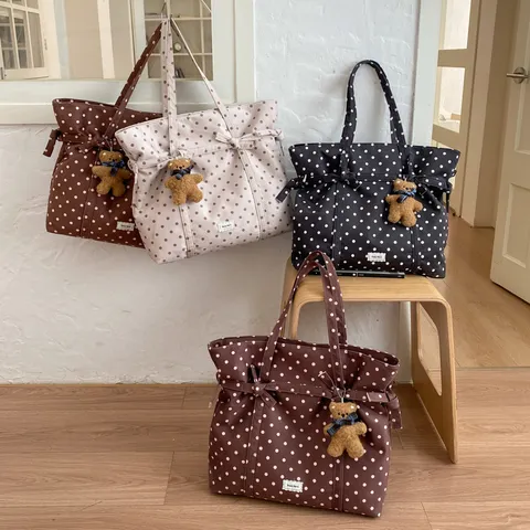 Dames Tote Bag Met Stippen Stof Grote Capaciteit Schoudertas Met Strik Decor Woon-werkverkeer Eenvoudige Chique Handtas Voor Dagelijks Winkelen