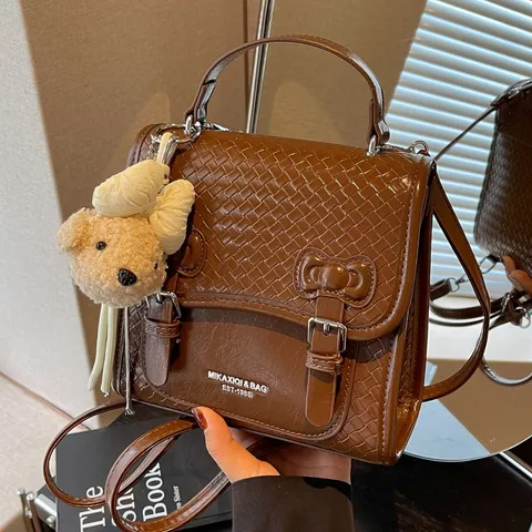 Dames Casual Preppy Geweven PU Leren Rugzak Vintage Contrast Stiksels Strik Teddy Hanger Reizen Schooltas