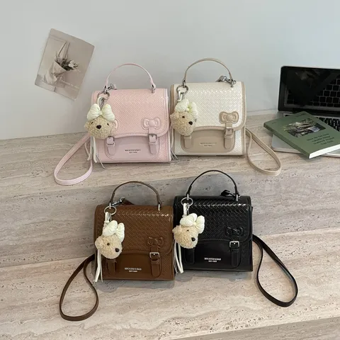 Dames Casual Preppy Geweven PU Leren Rugzak Vintage Contrast Stiksels Strik Teddy Hanger Reizen Schooltas