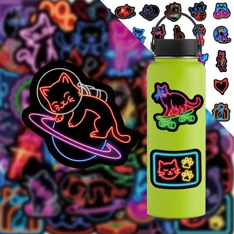 Autocollants Chat Dessin Animé Neon Mignon Imperméable PVC Graffiti Décalcomanies Pour Journal Cahier Tasse d'Eau Papeterie Esthétique
