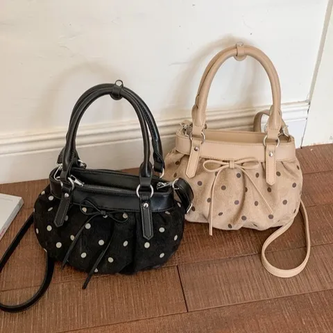 Bolso Nube Plisado de Lunares para Mujer Gamuza Cuero Artificial Patchwork Bolso Bandolera Moda Estilo Coreano Lazo Decoración Cartera
