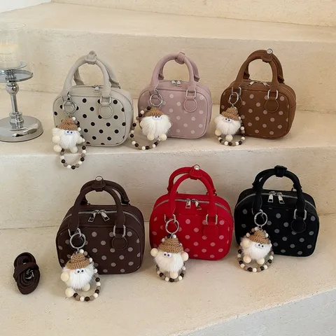 Vintage Polka Dot Bowling Bag For Women Fashion PU Suede Texture Shoulder Crossbody Bag Trendy Commuter Handbag