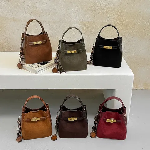 Women Urban Minimalist PU Suede Patchwork Bucket Bag Retro Lock Design Crossbody Shoulder Bag Versatile Commuter Handbag