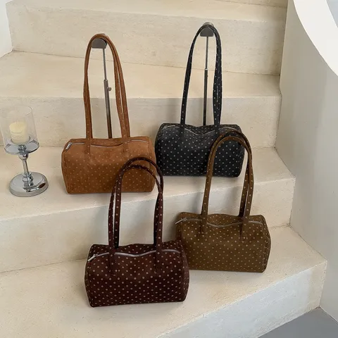 Women Polka Dot Boston Bag Faux Suede Splicing Shoulder Bag Urban Minimalist Handbag Daily Casual Underarm Bag Pillow Shaped Bag