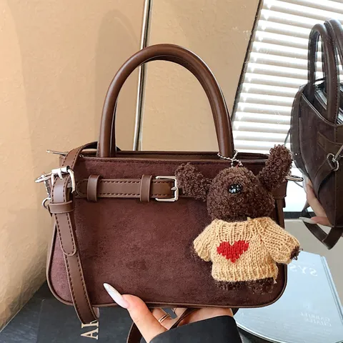 High-end Niche Frosted PU Leather Handbag For Women Retro Commuter Shoulder Crossbody Bag With Cute Bear Pendant Fashion Tote