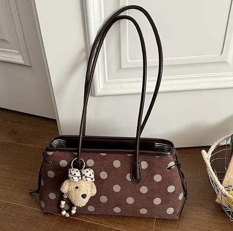 Dames Vintage Polka Dot Onderarmtas PU Leer Tote Schoudertas Minimalistische Woon-werk Handtas Met Pluche Beren-Hanger