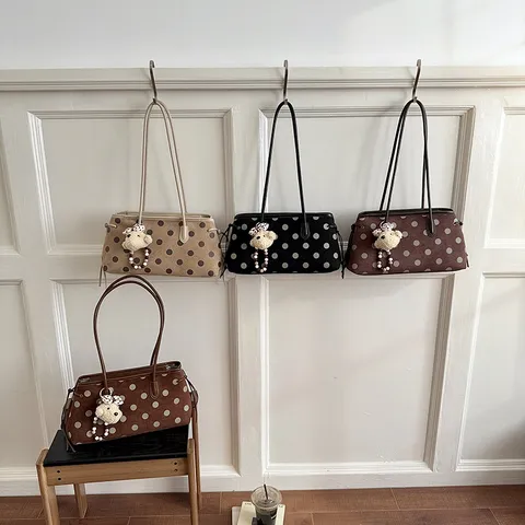 Dames Vintage Polka Dot Onderarmtas PU Leer Tote Schoudertas Minimalistische Woon-werk Handtas Met Pluche Beren-Hanger