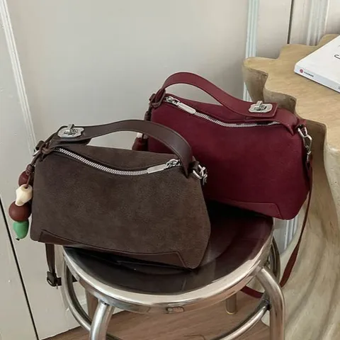 Women's Minimalist Suede Patchwork Handbag Chic Autumn Commuting Shoulder Crossbody Bag Retro Small Pillow Bag With Stitching