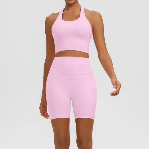 Ensemble de Yoga pour Femmes Haute Élasticité Respirant Polyester Élasthanne Brassière de Sport et Short Push Up Taille Haute Top Et Bottom