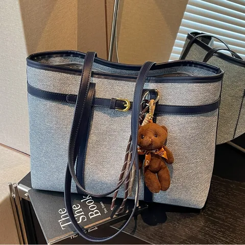 Women Large Capacity Tote Bag Fashion Retro Contrast Color Patchwork PU Leather Woolen Fabric Shoulder Bag Commuter Handbag