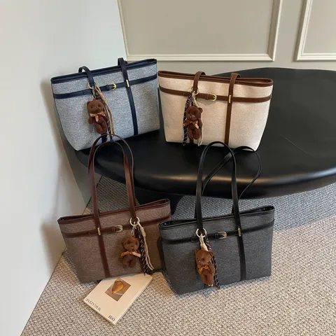 Women Large Capacity Tote Bag Fashion Retro Contrast Color Patchwork PU Leather Woolen Fabric Shoulder Bag Commuter Handbag