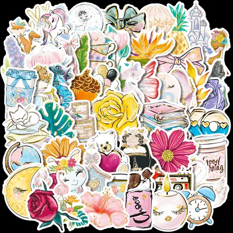 Ästhetische Vergoldete Wasserdichte Aufkleber Süße Frische Blumen Tiere Cartoon Journal Laptop Handy Dekorative Abziehbilder