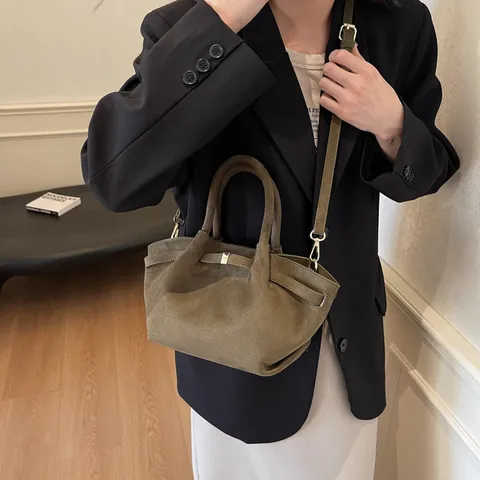 Damen Vintage Wildleder Tote Bag Grosse Kapazitaet Minimalistisch Schulter Umhaengetasche Metallverschluss Chic Handtasche