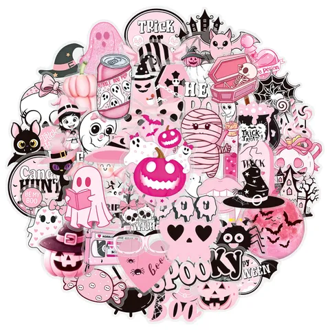 Pink Halloween Stickers Waterproof PET Decals Cute Ghost Pumpkin Skull Graffiti Stickers For Journal Water Bottle DIY Craft