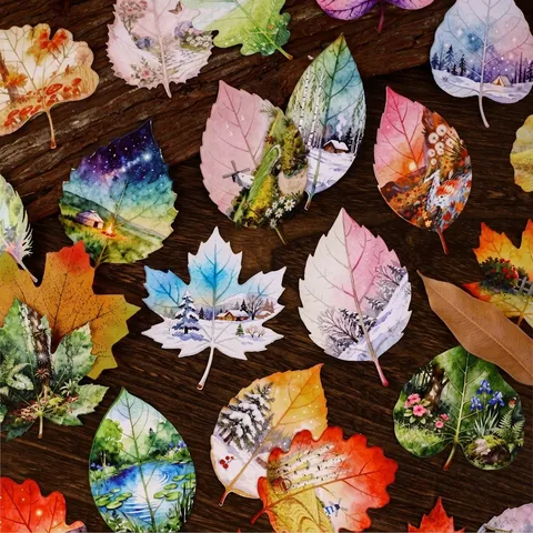 Vintage Retro Leaf Shape Stickers Watercolor Nature Landscape Journal Material Paper Adhesive Die Cut Decals For Scrapbooking Art DIY