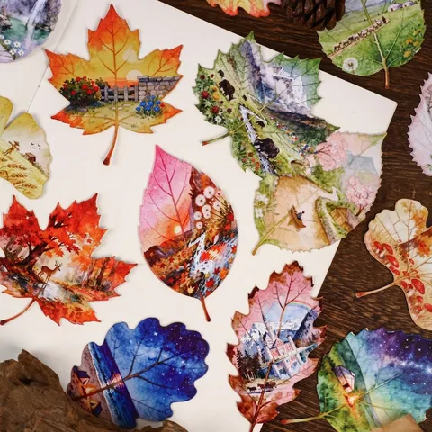 Vintage Retro Leaf Shape Stickers Watercolor Nature Landscape Journal Material Paper Adhesive Die Cut Decals For Scrapbooking Art DIY
