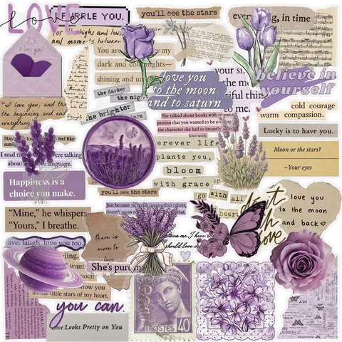 Adesivi PET Viola Estetici Vintage Floreale Farfalla Pianeta Diario Cancelleria Decorativa Per Quaderno DIY Bottiglia d'Acqua