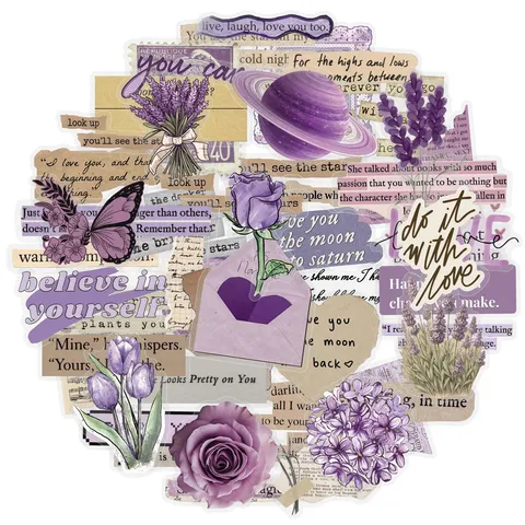 Adesivi PET Viola Estetici Vintage Floreale Farfalla Pianeta Diario Cancelleria Decorativa Per Quaderno DIY Bottiglia d'Acqua
