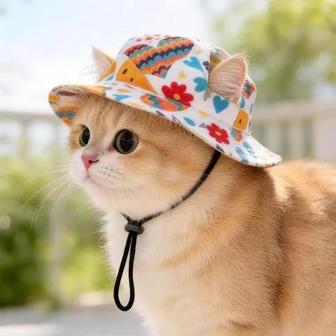 Chapeau de Protection Solaire pour Animaux de Compagnie Imprimé en Polyester Mignon Bob de Voyage Réglable en Extérieur pour Petits Chiens Chats Accessoires