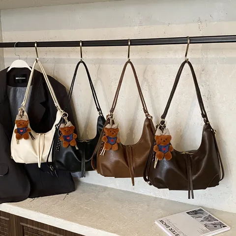 Women PU Leather Casual Backpack Large Capacity Commuting Underarm Bag Solid Color Stylish Daypack With Bear Pendant