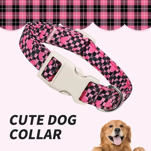 Collier Réglable pour Animaux en Polyester à Carreaux Cœur Pour Petits Moyens Grands Chiens Chats Saint Valentin Joli Collier pour Chien