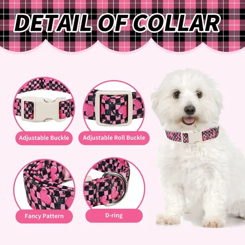 Collier Réglable pour Animaux en Polyester à Carreaux Cœur Pour Petits Moyens Grands Chiens Chats Saint Valentin Joli Collier pour Chien