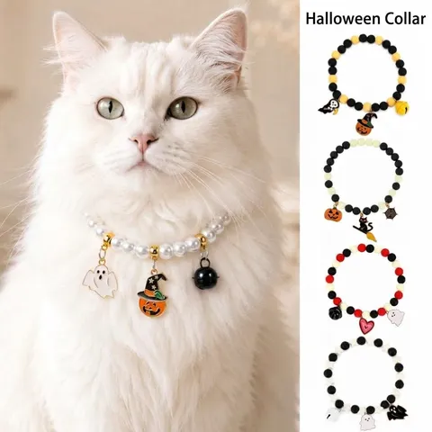 Halloween Pet Collar Beaded Pumpkin Skull Pendant Necklace Adjustable Pearl Chain Jewelry For Cats Small Medium Dogs