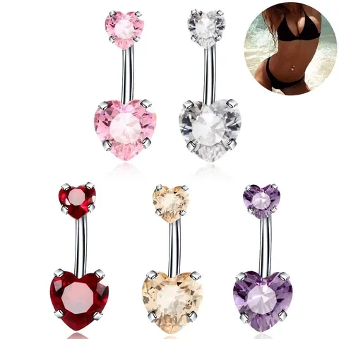 F136 Titanium Alloy Heart Rhinestone Belly Button Ring Internal Screw Four Prong Inlaid Navel Piercing Jewelry For Women Men