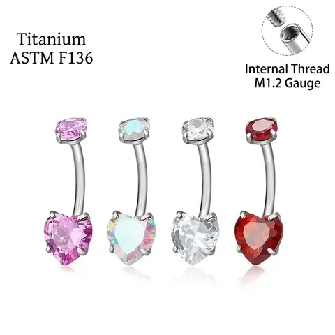 F136 Titanium Alloy Heart Rhinestone Belly Button Ring Internal Screw Four Prong Inlaid Navel Piercing Jewelry For Women Men