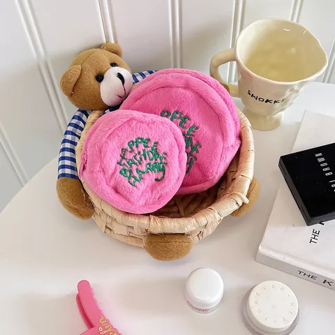 Ins Minimalist Plush Coin Purse Cute Cartoon Letter Embroidery Mini Round Storage Bag Portable Earphone Bag For Women