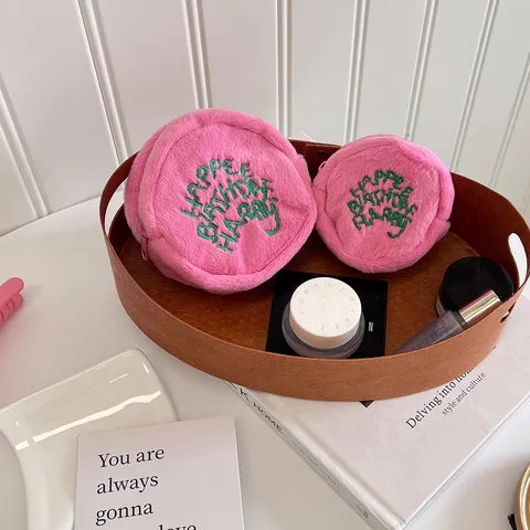 Ins Minimalist Plush Coin Purse Cute Cartoon Letter Embroidery Mini Round Storage Bag Portable Earphone Bag For Women