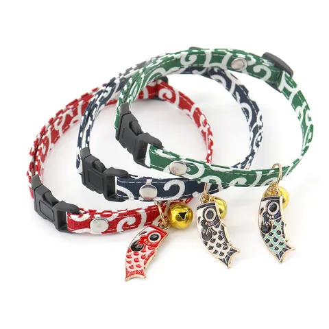 Pet Cat Dog Collar Japanese Style Koi Fish Bell Cute Soft Fabric Necklaces Adjustable Safety Buckle Pet Accessories